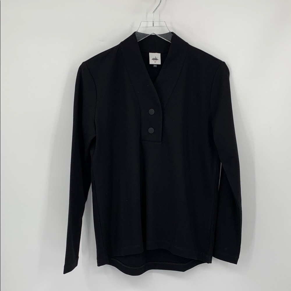 Cabi Ritzy top shirt blouse black knit v-neck henley snap stretch new X-Small XS